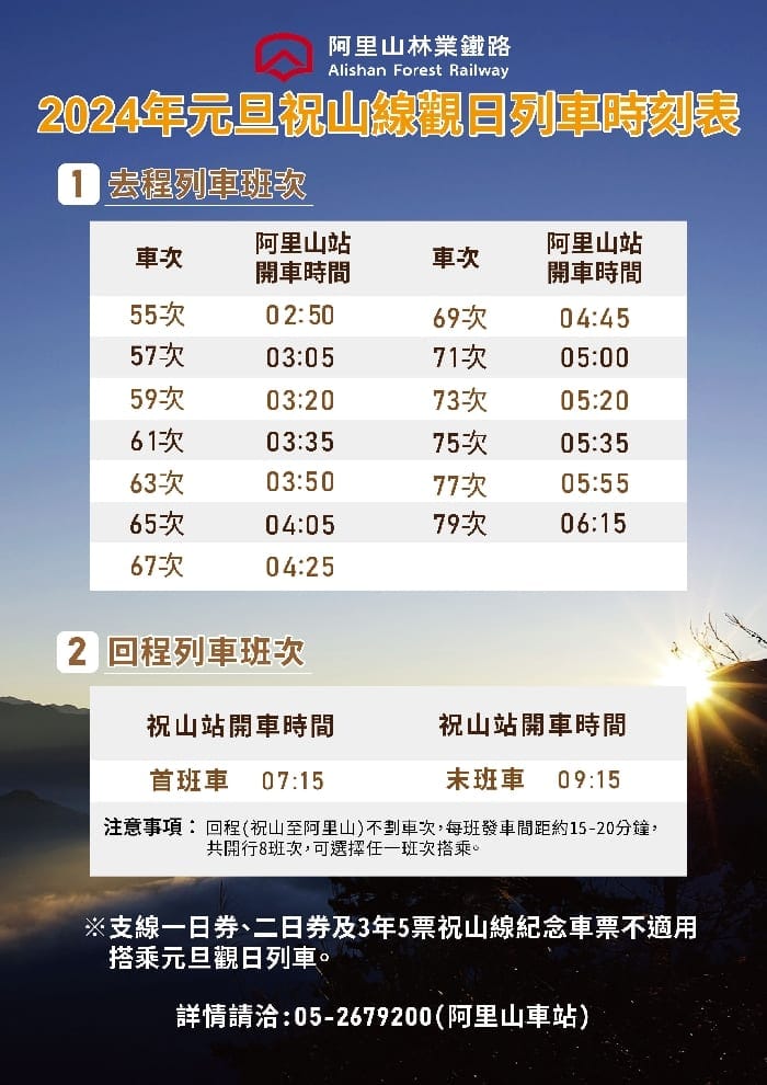 為迎接元旦第一道曙光旅客 阿里山林鐵觀日列車自12月11日起開始預售