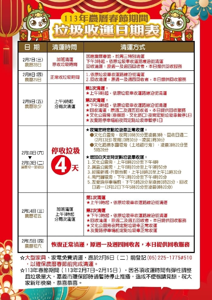 嘉義市春節垃圾收運日程 大家一起做環保維護市容整潔、乾淨